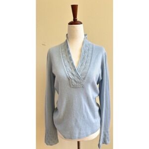 Ann Taylor Baby Blue 100 Cashmere Feminine Lace Detail V Neck Sweater M